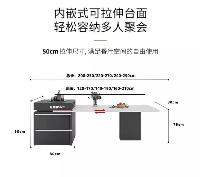 Chariot d'îlot de cuisine avec table à manger extensible pour 4 à 6 personnes, îlot de cuisine roulant avec plateau en ardoise, barre d'îlot de cuisine de rangement