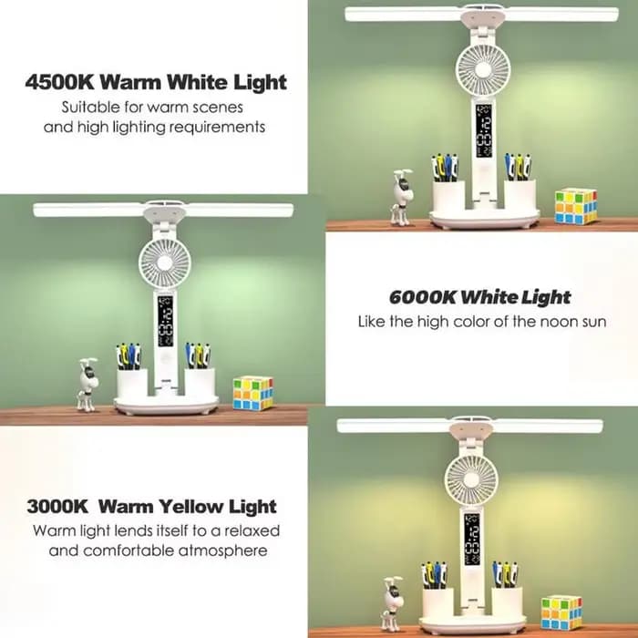 Lampe de Table Rechargeable pour étude, lampe de bureau lampe de lecture lampe de Table Led avec ventilateur, lampe de lecture d'affichage d'horloge Led