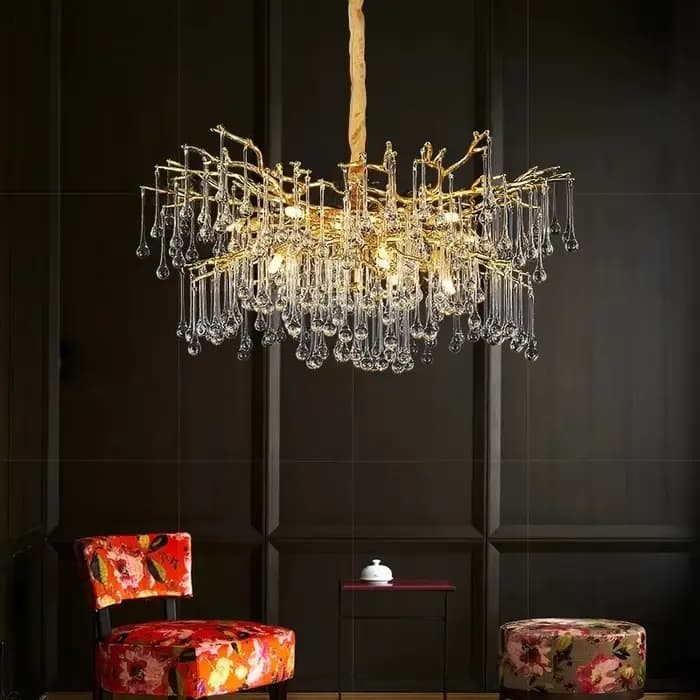 Lustre en cristal de gouttelette d'eau de luxe pour plafond salon décor chambre doré branche suspendue luminaire suspendu