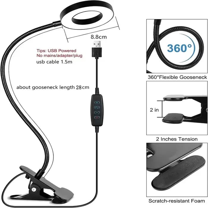 Lampe de lecture pour bureau et lit, à intensité variable, 3 modes et 10 niveaux de gradation, lampes à pince USB 360 ° Clip de livre flexible