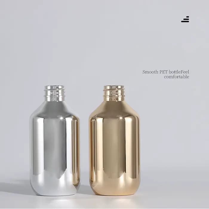 Bouteille de gel douche 500 ml dorée et argentée, procédé d'électroplaqué PET de haute qualité, sous-embouteillage léger, bouteille de shampoing 300 ml