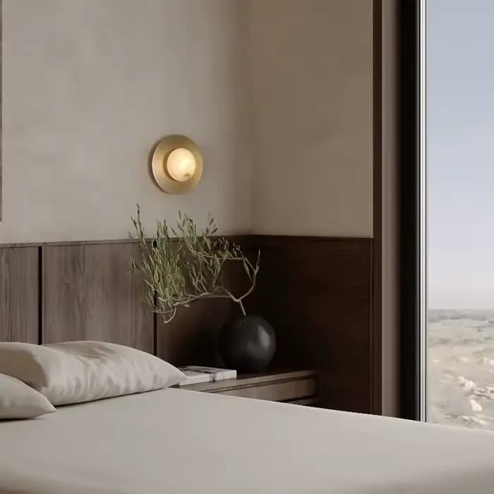 Applique murale américaine en laiton avec marbre espagnol naturel, luminaire rond pour salon, chambre à coucher, chevet, couloir, décoration intérieure
