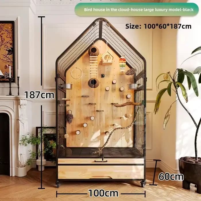 Cage à oiseaux panoramique en bois massif 2026, design de villa de luxe pour oiseaux moyens et grands avec bricolage modulable