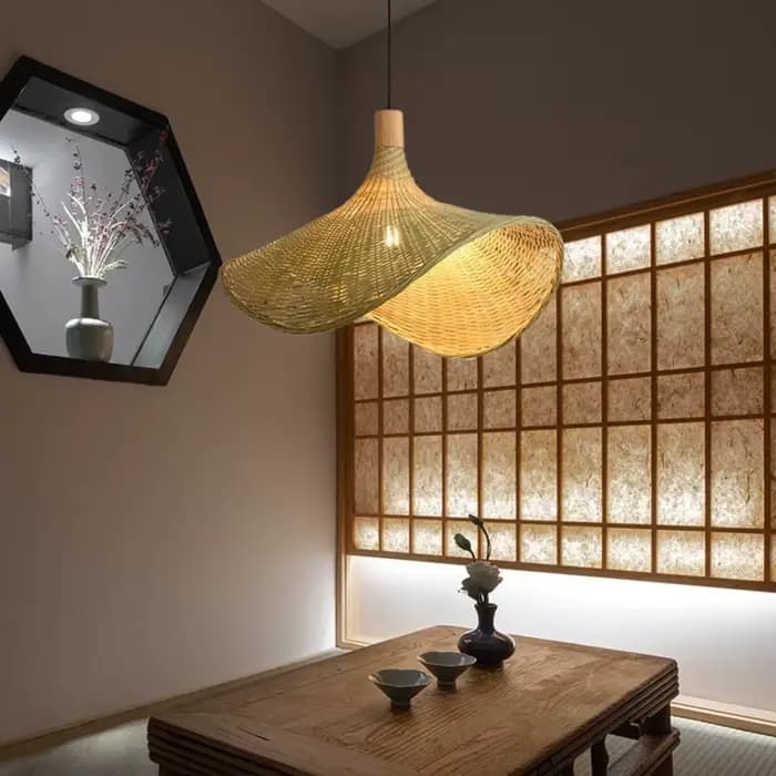COOINJOY lampe suspendue en bambou 50 cm tissé à la main Wabi-sabi lustre en rotin Design de chapeau rétro pour chambre salle à manger plafonnier