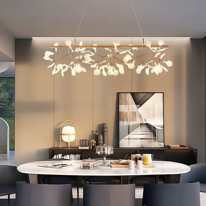 Lustre Nordique Artistique Suspendu pour Salon, Lampe Moderne pour Restaurant et Cuisine, Luminaire Gypsophile Doré Rose/Noir en Forme de Branche Ronde pour Intérieur