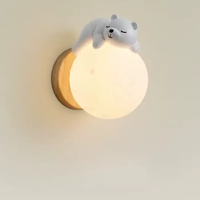 Lampe murale en bois naturel style crème, mignonne lampe de chevet planète animale de dessin animé, lampe moderne et simple pour chambre d'enfant