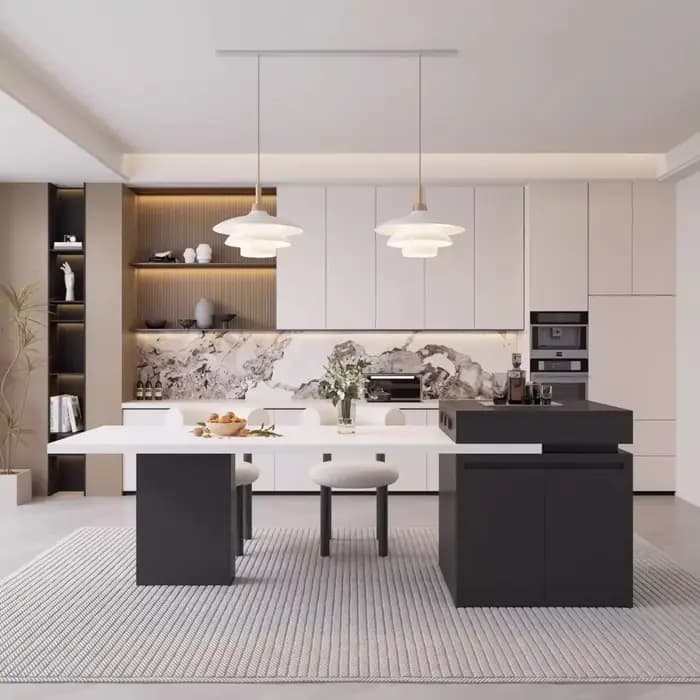 Chariot d'îlot de cuisine avec table à manger extensible pour 4 à 6 personnes, îlot de cuisine roulant avec plateau en ardoise, barre d'îlot de cuisine de rangement