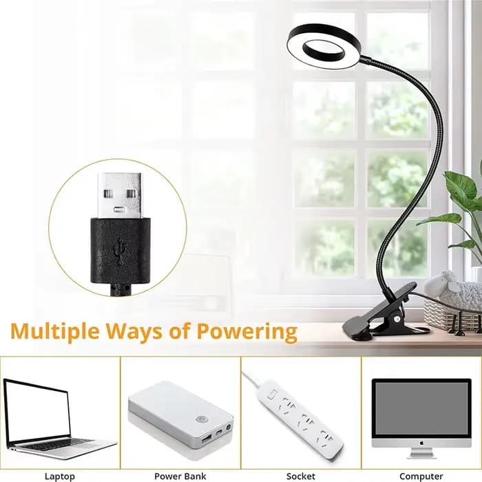 Lampe de lecture pour bureau et lit, à intensité variable, 3 modes et 10 niveaux de gradation, lampes à pince USB 360 ° Clip de livre flexible