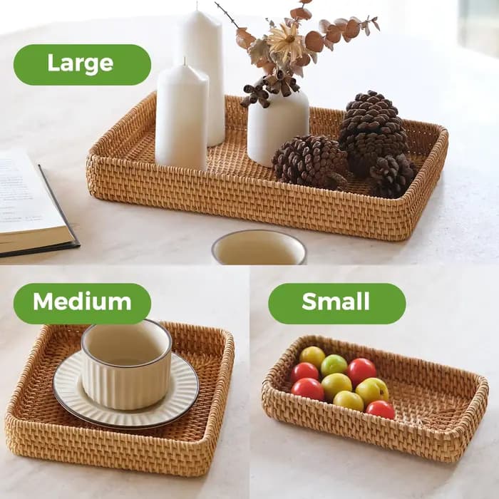 Plateau de service en rotin, panier rectangulaire, paniers de rangement et d'organisation en osier, plateau décoratif tressé naturel pour la décoration intérieure
