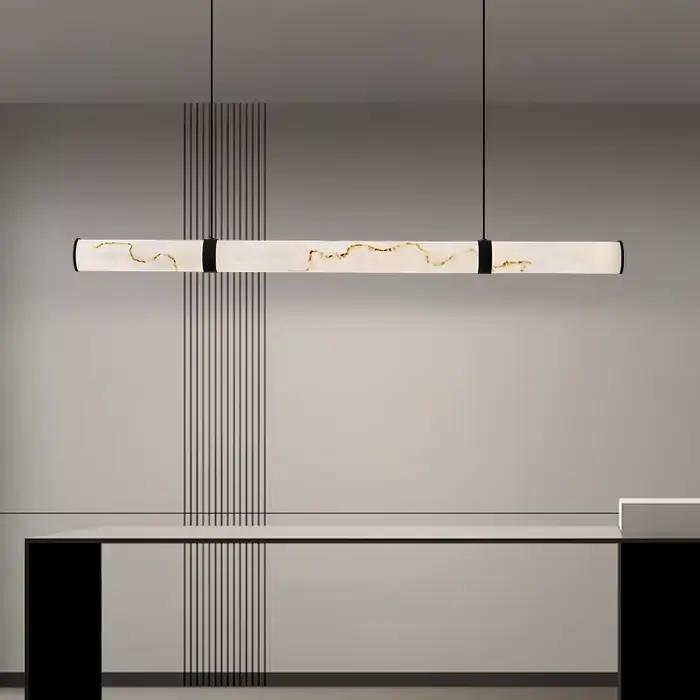 Pendentif Moderne Long Bande Lumière Droite Tout Cuivre Imitation Marbre Design Salon Salle À Manger Occasions Spéciales
