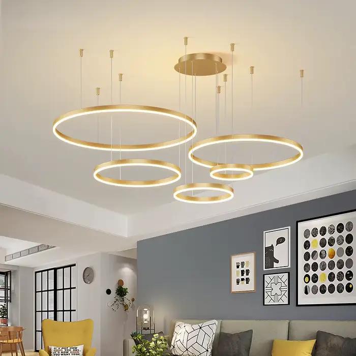 Lustre Led moderne salon anneaux brossés lampe suspendue or cadre noir éclairage intérieur pour usage résidentiel et professionnel occassions spéciales