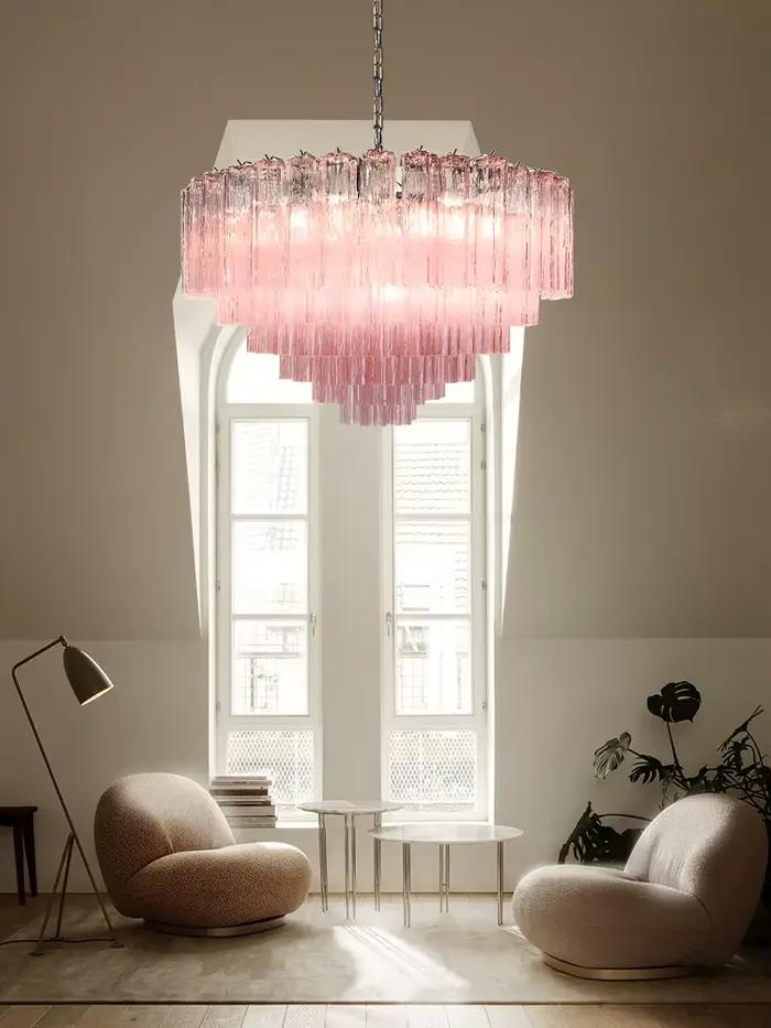 Plafonnier LED en verre de Bergame rose clair lustre cottage chic pour salon restaurant élégant suspension intérieure acier inoxydable lumière douce ambiance chaleureuse