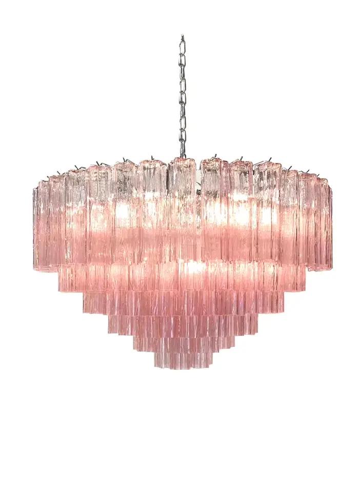 Plafonnier LED en verre de Bergame rose clair lustre cottage chic pour salon restaurant élégant suspension intérieure acier inoxydable lumière douce ambiance chaleureuse