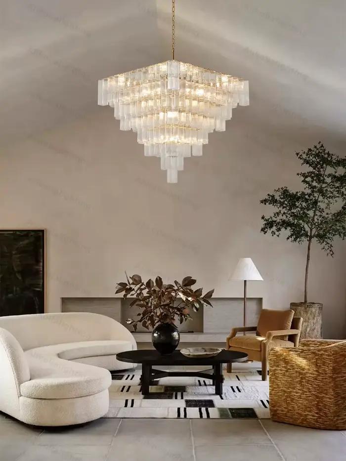 Lustre LED 2026 Verre Bleu Transparent Multiniveaux Intensité Variable Suspension Lumineuse Salon Occasions Spéciales