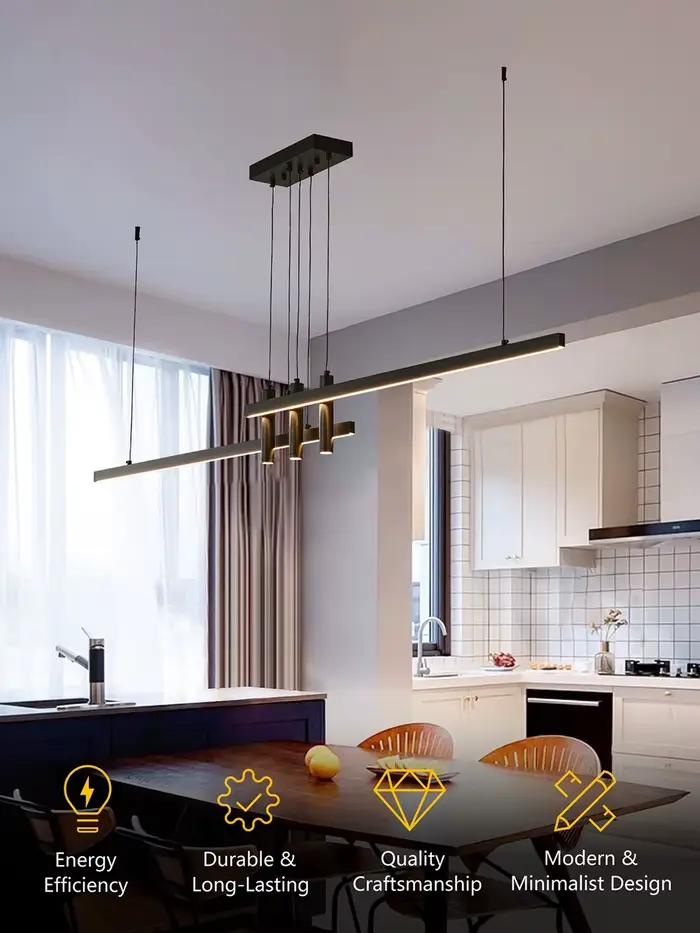 Lustre linéaire moderne en fer brossé avec source de lumière LED pour éclairage de salle à manger, cuisine et bureau