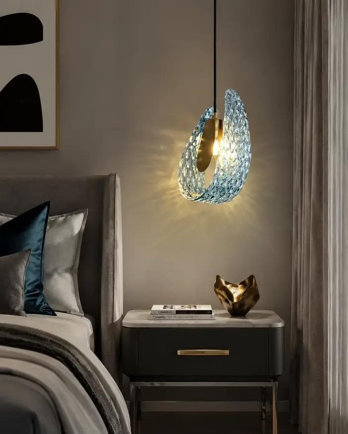 Lampe suspendue de luxe en verre bleu cuivre lampe de chevet moderniste pour chambre à coucher décoration intérieure élégante et sophistiquée