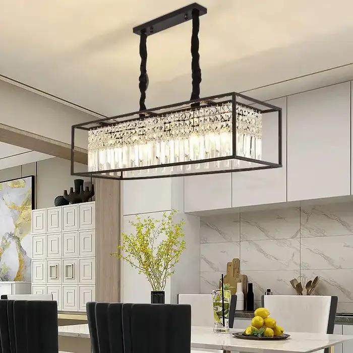 Lustre en cristal moderne noir doré lampe suspendue pour salle à manger décoration de luxe pour maison éclairage dîlot cuisine lustre rectangulaire led