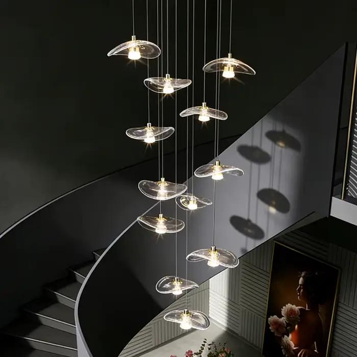 Lustre en pierre de verre moderne et minimaliste pour escalier haute plafond villa duplex loft éclairage suspendu led inclusion ampoules