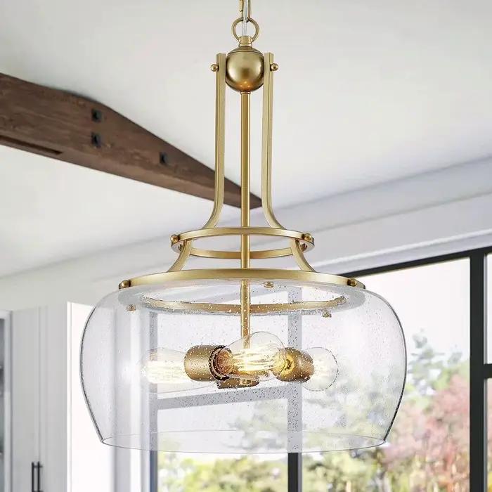Lampe suspendue en pierre de verre rétro moderne avec finition plaqué et chaîne pour éclairage salon chambre d'hôtel grande zone