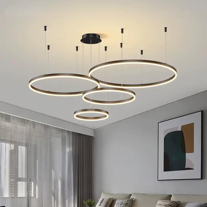 Lustre Led moderne salon anneaux brossés lampe suspendue or cadre noir éclairage intérieur pour usage résidentiel et professionnel occassions spéciales
