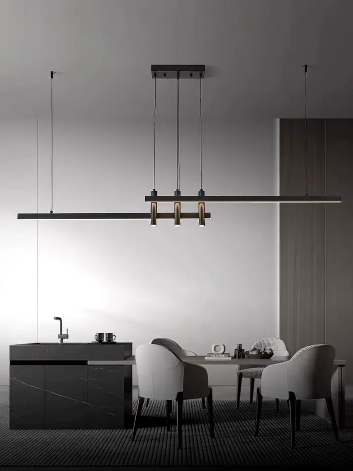 Lustre linéaire moderne en fer brossé avec source de lumière LED pour éclairage de salle à manger, cuisine et bureau