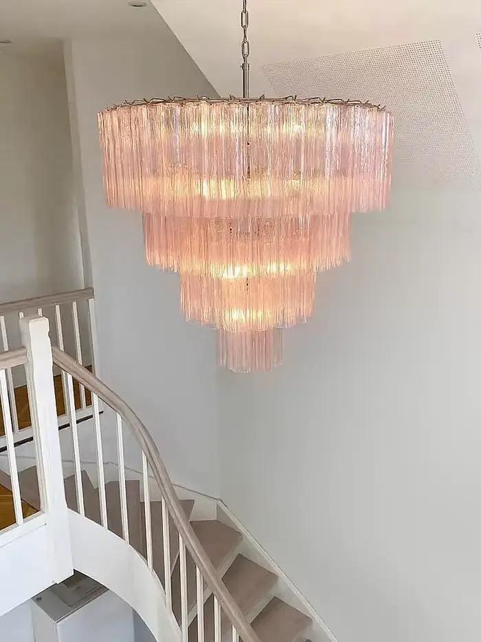 Plafonnier LED en verre de Bergame rose clair lustre cottage chic pour salon restaurant élégant suspension intérieure acier inoxydable lumière douce ambiance chaleureuse