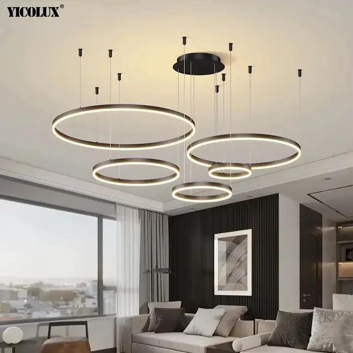 Lustre Led moderne salon anneaux brossés lampe suspendue or cadre noir éclairage intérieur pour usage résidentiel et professionnel occassions spéciales