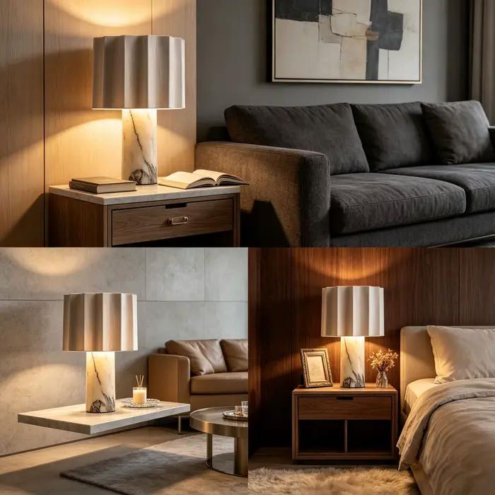 Lampe de table moderne minimaliste en marbre avec abat-jour en tissu plissé pour chambre à coucher et comptoir de bar élégante à offrir pour femmes et occasions spéciales