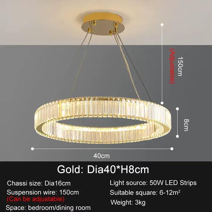 Lustre en cristal à anneau LED pour salon, salle à manger, lampe ronde en cristal, or, décoration mo