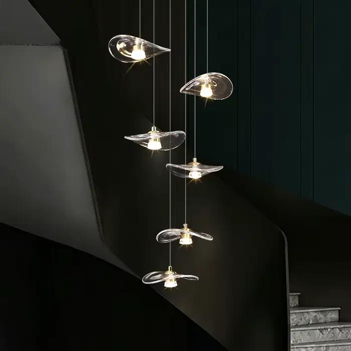 Lustre en pierre de verre moderne et minimaliste pour escalier haute plafond villa duplex loft éclairage suspendu led inclusion ampoules