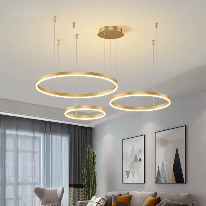 Lustre Led moderne salon anneaux brossés lampe suspendue or cadre noir éclairage intérieur pour usage résidentiel et professionnel occassions spéciales