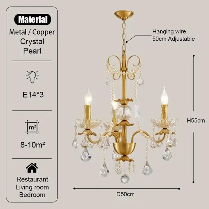 Lustre suspendu américain rétro tout en cuivre avec perles, style vintage français, en cristal, pour