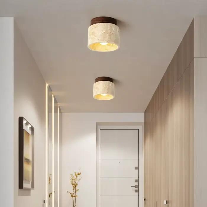 Plafonnier cylindrique en pierre travertin véritable style japonais downlight pour cuisine salle à manger et chambre à coucher