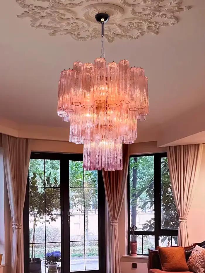 Plafonnier LED en verre de Bergame rose clair lustre cottage chic pour salon restaurant élégant suspension intérieure acier inoxydable lumière douce ambiance chaleureuse