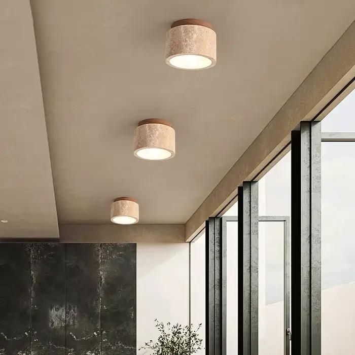 Plafonnier cylindrique en pierre travertin véritable style japonais downlight pour cuisine salle à manger et chambre à coucher