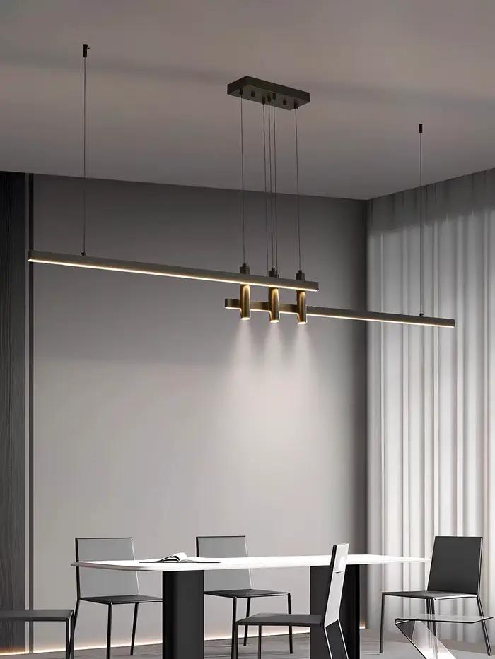 Lustre linéaire moderne en fer brossé avec source de lumière LED pour éclairage de salle à manger, cuisine et bureau