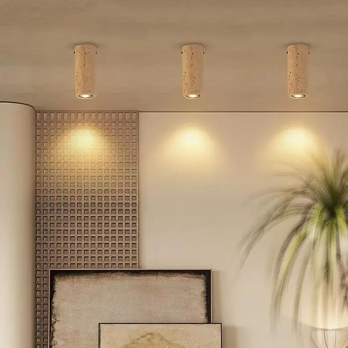 Plafonnier cylindrique en travertin et marbre avec corps en fer pour éclairage quotidien salon chambre à manger et entrée