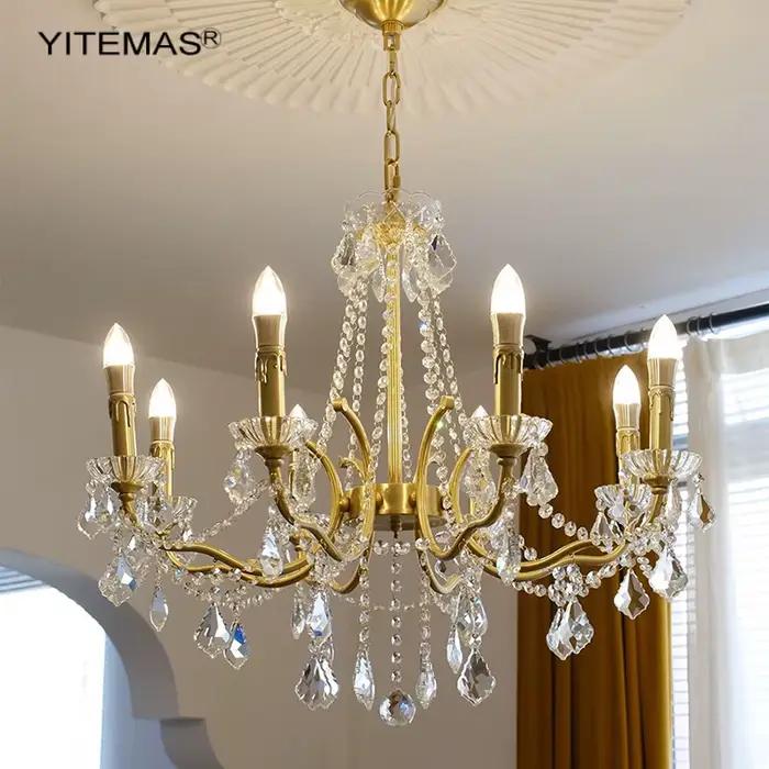 Lustre en cristal français pour chambre à coucher lustres suspendus en cuivre doré pour foyer salon salle à manger cuisine island 6 8 lumières modernes avec installation facile et garantie de 3 ans