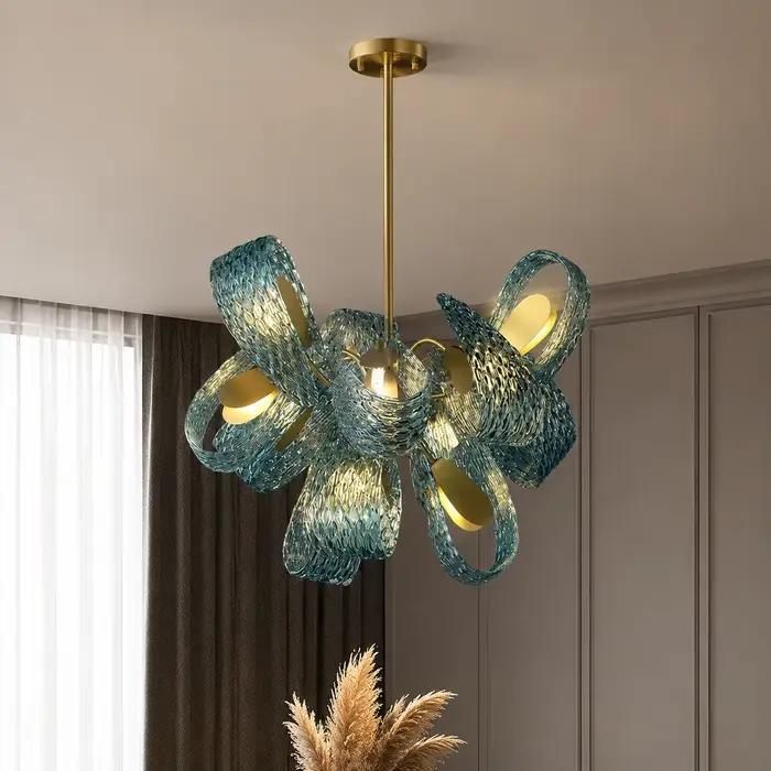 Lampe suspendue de luxe en verre bleu cuivre lampe de chevet moderniste pour chambre à coucher décoration intérieure élégante et sophistiquée