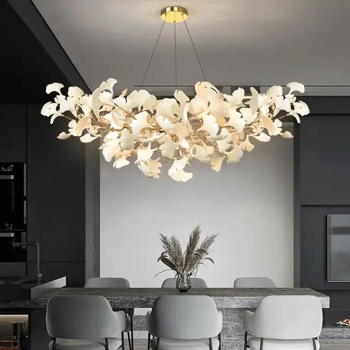 Lustre scandinave doré argent Long blanc feuille de Ginko, Lustre Suspension salon salle à manger ch