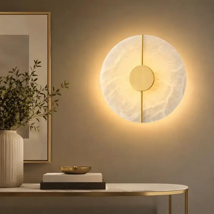 Applique murale moderne en marbre d'albâtre ronde de lune pour chambre à coucher salon entrée et décoration intérieure élégante