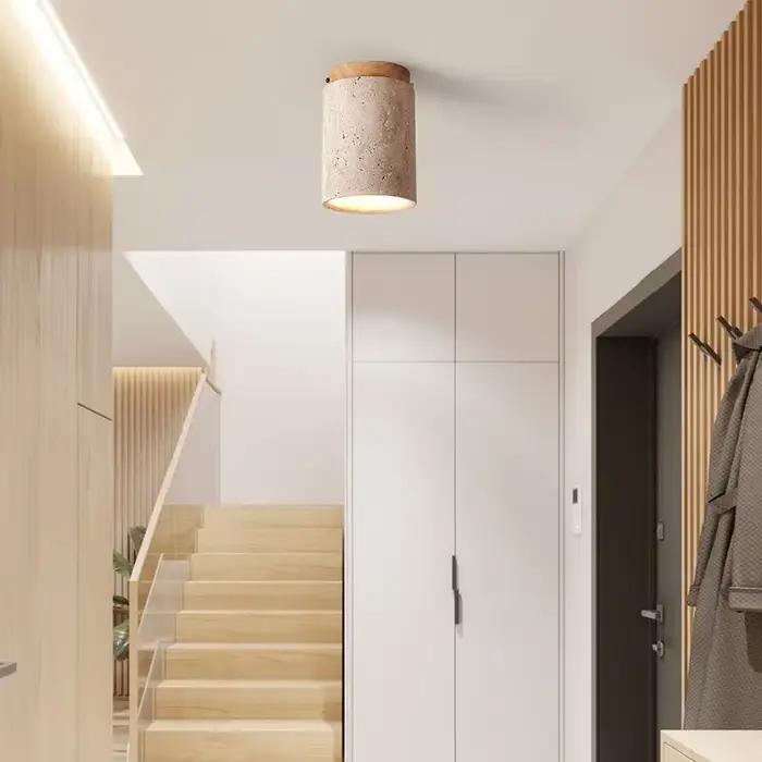 Plafonnier cylindrique en pierre travertin véritable style japonais downlight pour cuisine salle à manger et chambre à coucher