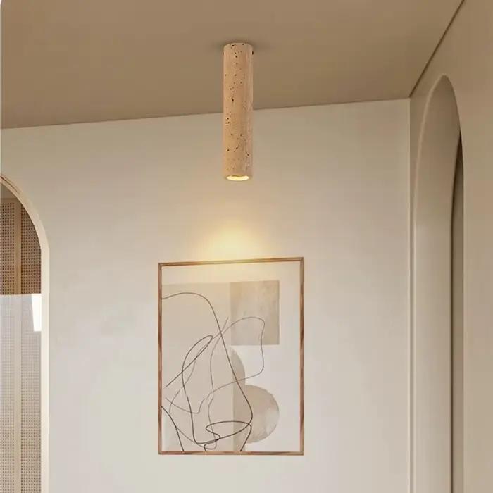 Plafonnier cylindrique en travertin et marbre avec corps en fer pour éclairage quotidien salon chambre à manger et entrée