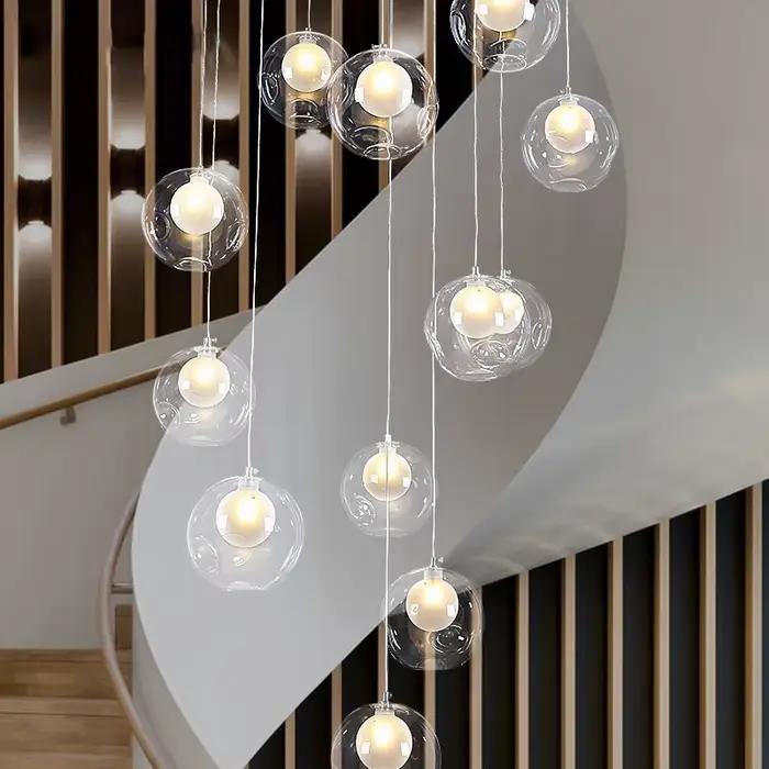 Lustre en verre à bulles LED pour escalier, design contemporain, éclairage subtil, installation facile, hôtel, salon, couloir, ambiance romantique