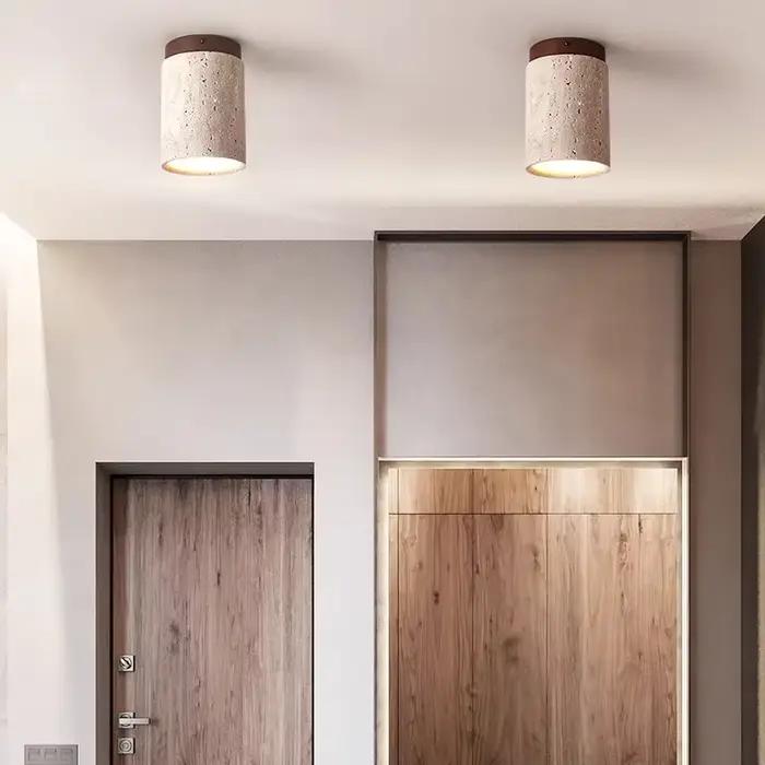 Plafonnier cylindrique en pierre travertin véritable style japonais downlight pour cuisine salle à manger et chambre à coucher