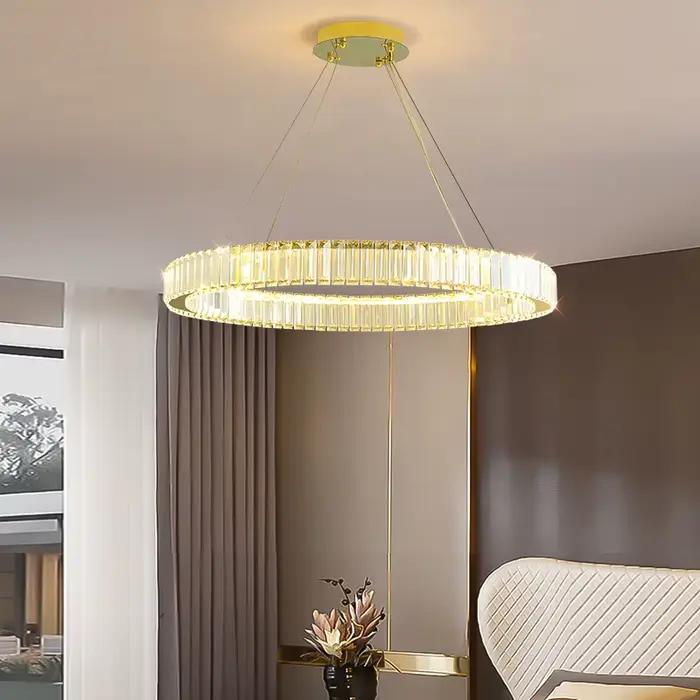 Lustre en cristal à anneau LED pour salon moderne, lampe ronde en cristal or, décoration de maison, luminaire suspendu pour chambre à coucher