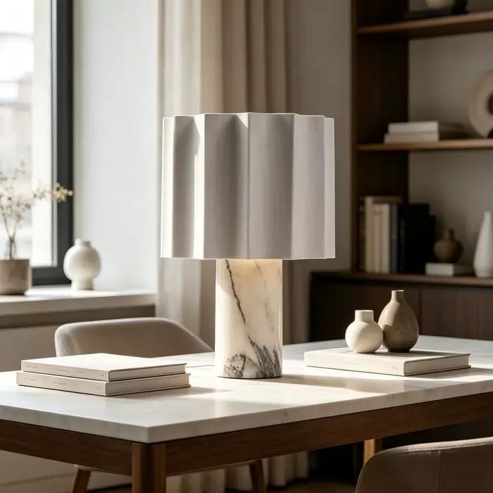 Lampe de table moderne minimaliste en marbre avec abat-jour en tissu plissé pour chambre à coucher et comptoir de bar élégante à offrir pour femmes et occasions spéciales